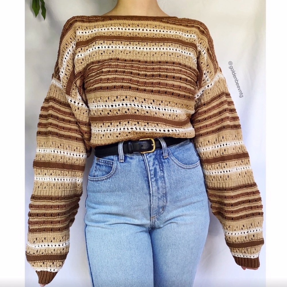 Vintage Woven Caramel Striped Cozy Retro Knit